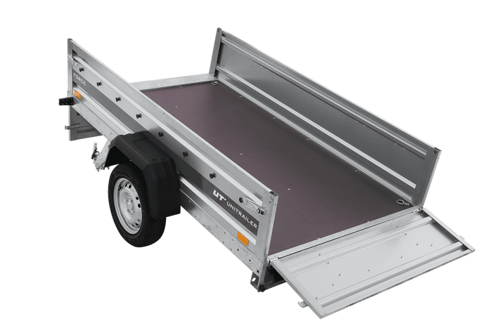 Enkelassige aanhanger 230x125 UNITRAILER FORCE 230 KIPP met gaaswanden, H-800 frame en grijze afdekking.
