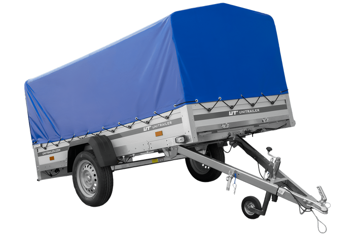 Remorque à un essieu avec côtés en aluminium 264x125 Unitrailer Garden 264 KIPP ALU avec châssis H-800 et bâche bleue