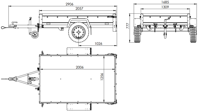 Autoaanhanger 200x125 UNITRAILER GARDEN 201 KIPP met gaaswanden, H-0 frame en grijze afdekking