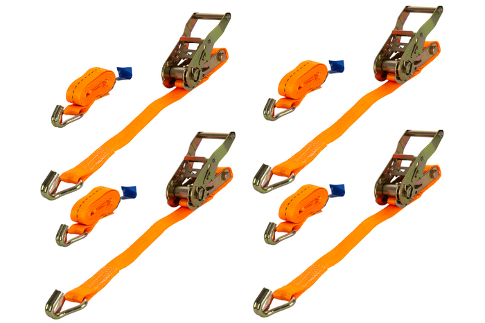 Set van vier UNITRAILER 2m/25mm/1t oranje transportbanden met spaninrichting