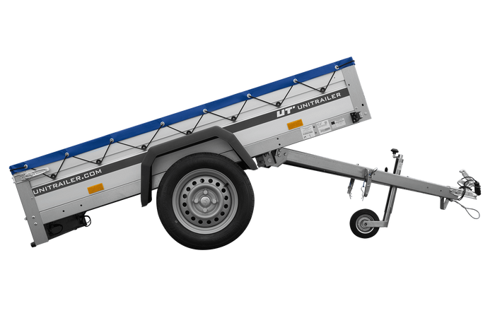 Remorque à un essieu avec côtés en aluminium 200x125 Unitrailer Garden 201 KIPP ALU avec châssis H-0 et bâche bleue