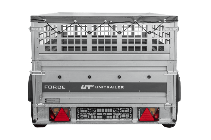 Remorque à un essieu 230x125 UNITRAILER FORCE 230 KIPP avec côtés grillagés, châssis H-0 et bâche grise