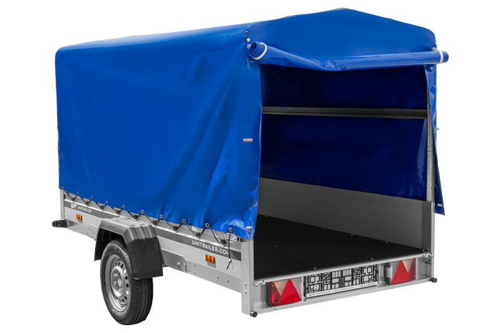 Remorque porte-voitures à côtés en aluminium 264x125 Unitrailer Garden 264 KIPP ALU avec châssis H-1100 et bâche bleue