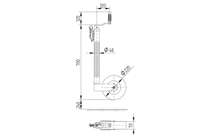KNOTT TK48 neuswiel met gegolfde buis, 300 kg, 48 mm, 700-940 mm