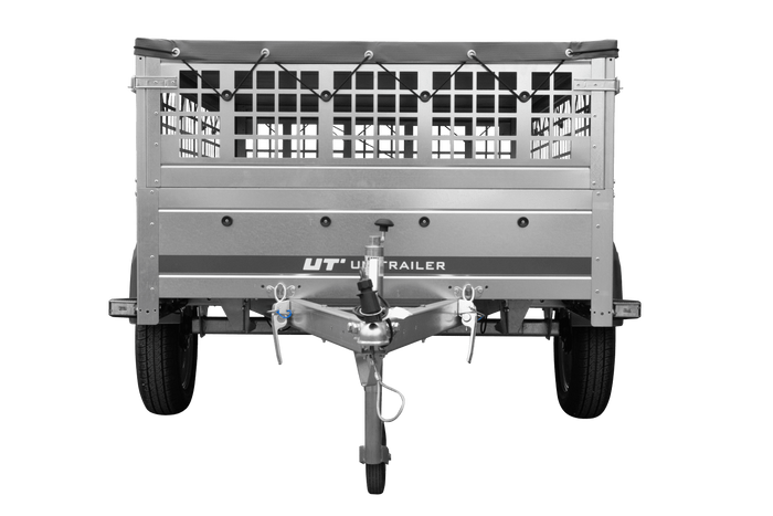Enkelassige aanhanger 200x125 UNITRAILER GARDEN 201 KIPP met gaaswanden en grijze afdekking