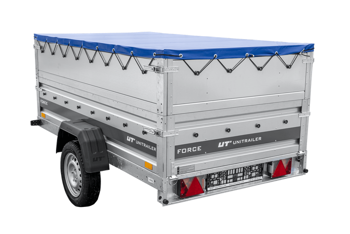 Lichte aanhanger 230x125 UNITRAILER FORCE 230 KIPP met BIS-zijwanden, H-0 frame en blauwe afdekking