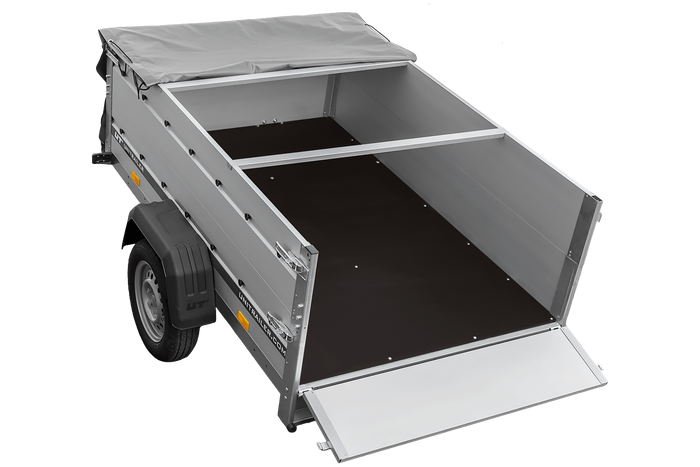 Remorque porte-voitures Unitrailer Garden 201 KIPP ALU avec côtés en aluminium, châssis H-0 et bâche grise, 200 x 125 mm.