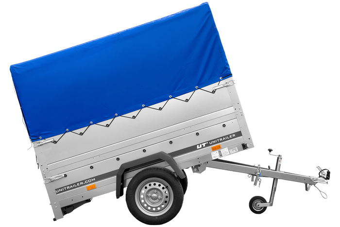 Enkelassige aanhanger 200x125 UNITRAILER GARDEN 201 KIPP met BIS-zijwanden, H-800 frame en blauwe afdekking
