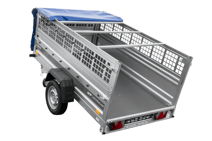 Enkelassige aanhanger 230x125 UNITRAILER FORCE 230 KIPP met gaaswanden, H-0 frame en blauwe afdekking.
