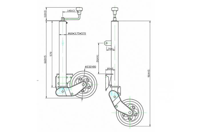 Roue jockey automatique UNITRAILER avec poignée, 500 kg, 60 mm, 660-904 mm