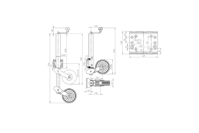 Roue jockey automatique UNITRAILER avec poignée 250 kg, 60 mm, 785-955 mm