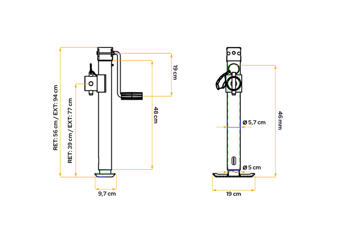 Support extensible avec adaptateur UNITRAILER TJ5002+TJ5002A pour remorque plateau 1300 kg, 560-940 mm