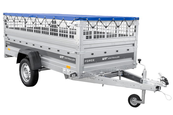 Remorque à un essieu 264x125 UNITRAILER FORCE 264 KIPP avec ridelles grillagées, châssis H-0 et bâche bleue